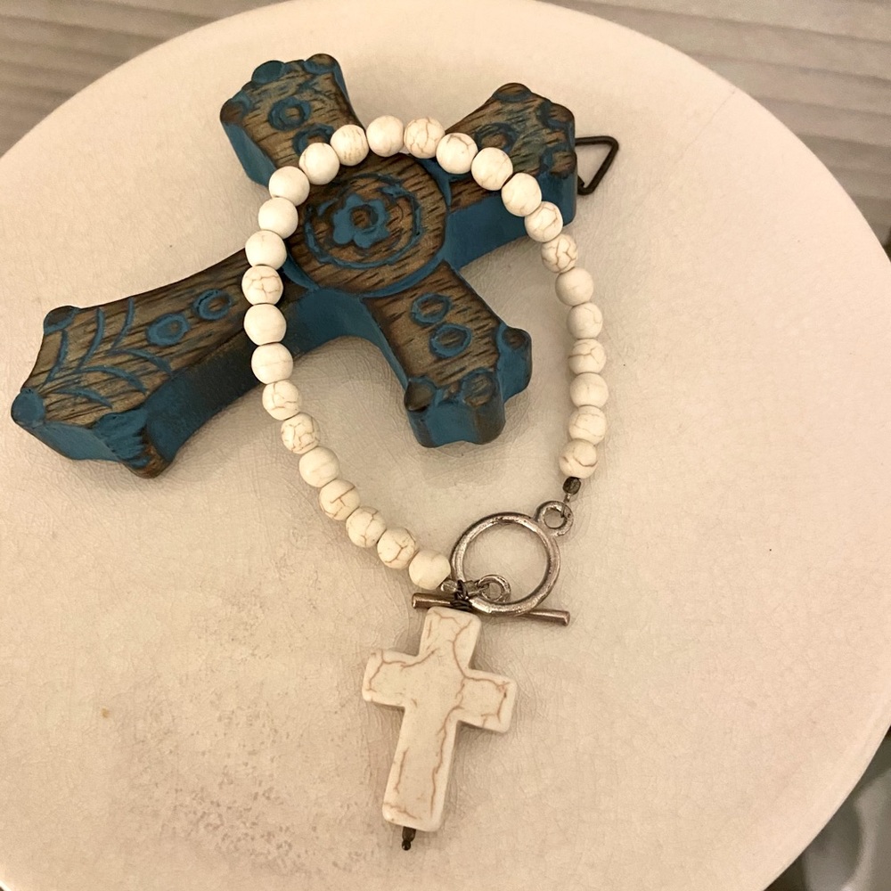 Handmade White Beaded Cross Bracelet